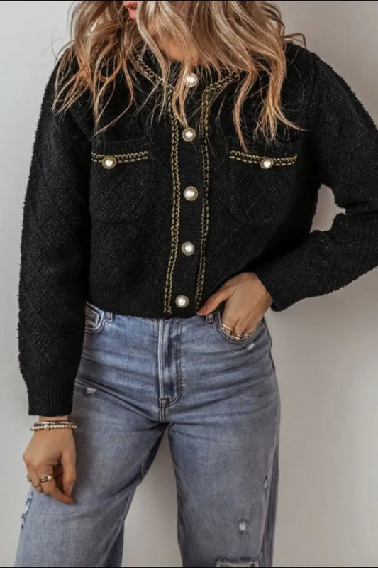 Round Neck Button Up Long Sleeve Cardigan - Love Salve