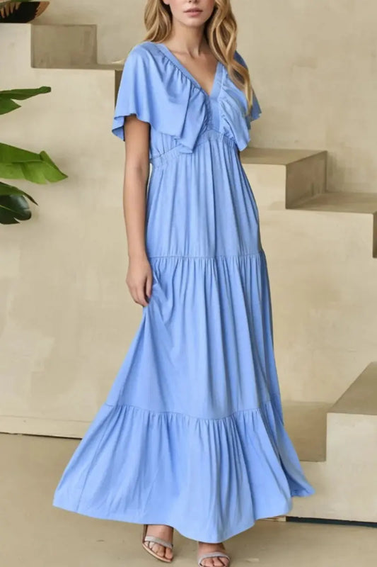 Ruffled V Neck Flutter Sleeve Maxi Dress for Women - Love Salve