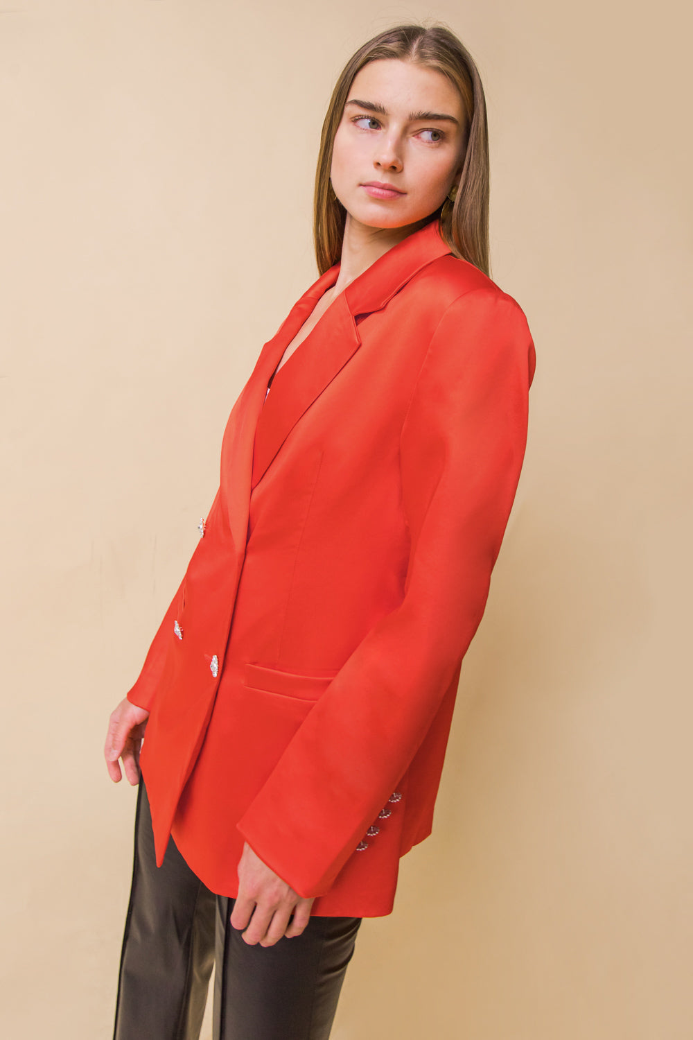 Perfect For Me Satin Blazer With Jewel Buttons Front Pockets