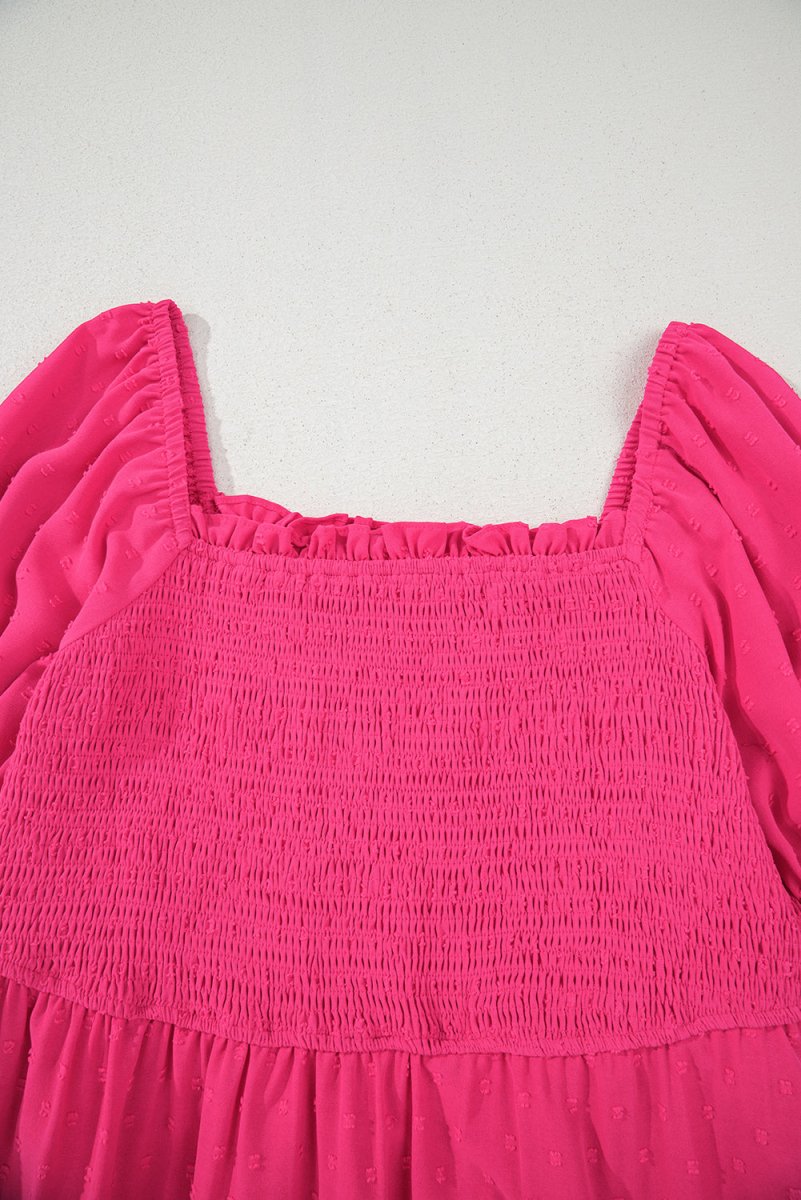 Sachet Pink Swiss Dot Smocked Frilled Neckline Plus Size Dress - Love Salve