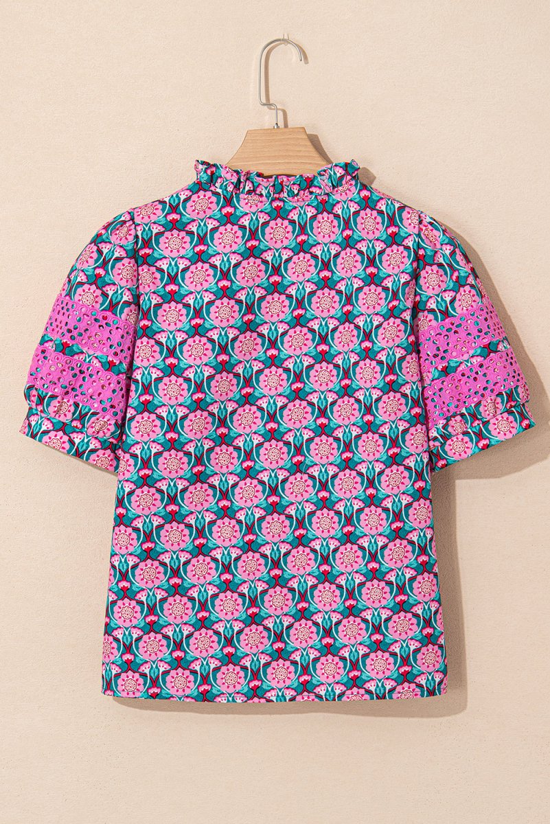 Sachet Pink V-Neck Ruffle Abstract Floral Puff Sleeve Top - Love Salve