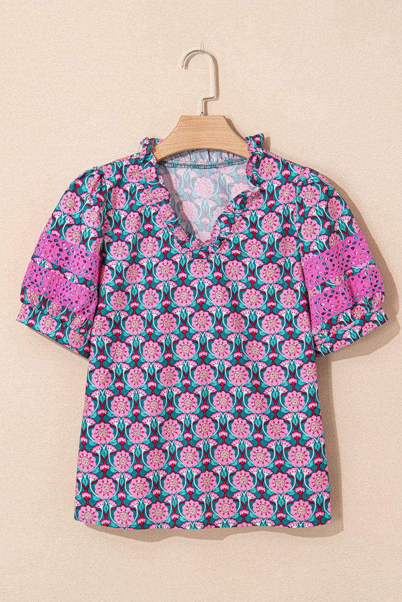 Sachet Pink V-Neck Ruffle Abstract Floral Puff Sleeve Top - Love Salve