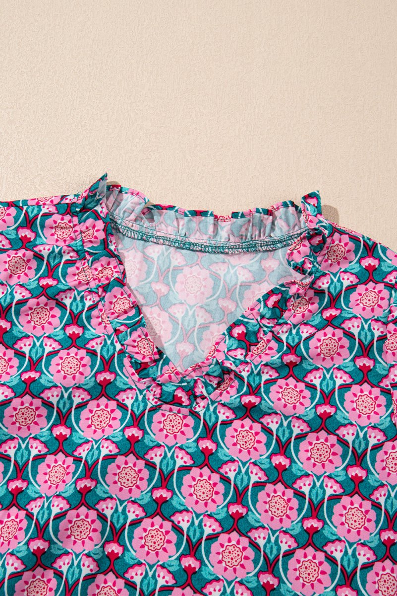 Sachet Pink V-Neck Ruffle Abstract Floral Puff Sleeve Top - Love Salve
