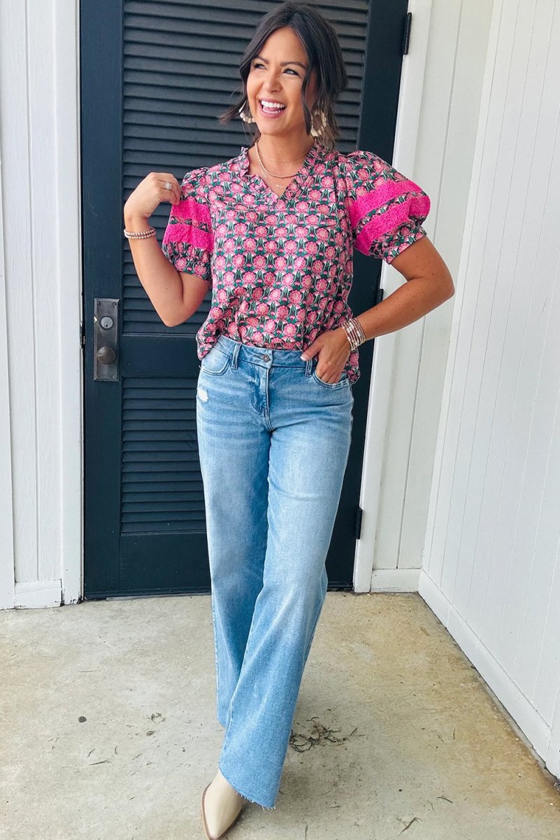 Sachet Pink V-Neck Ruffle Abstract Floral Puff Sleeve Top - Love Salve
