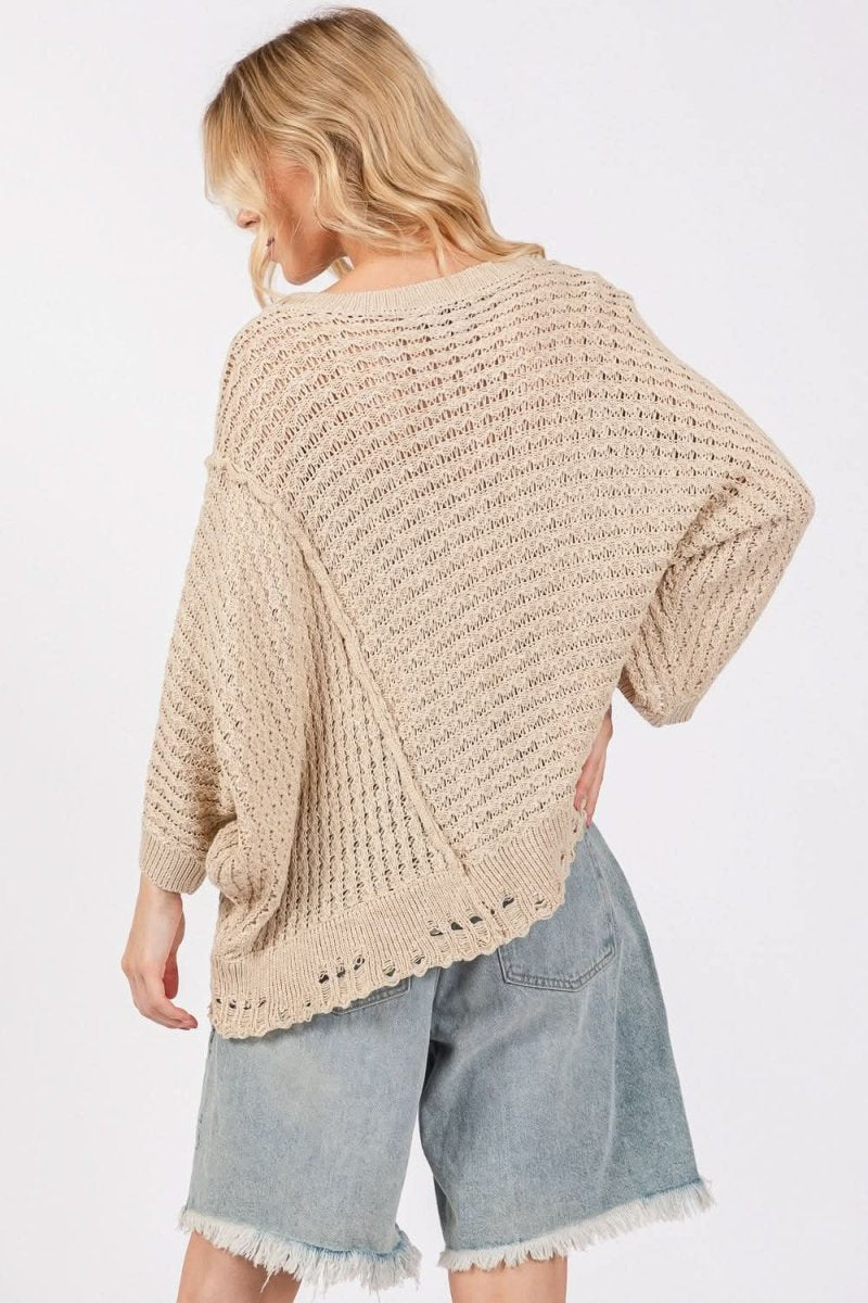 SAGE + FIG Distressed Asymmetrical Open Stitch Sweater - Love Salve