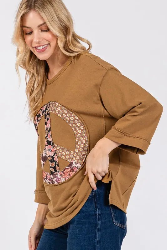 SAGE + FIG Floral Peace Patch Round Neck Top for Women - Love Salve