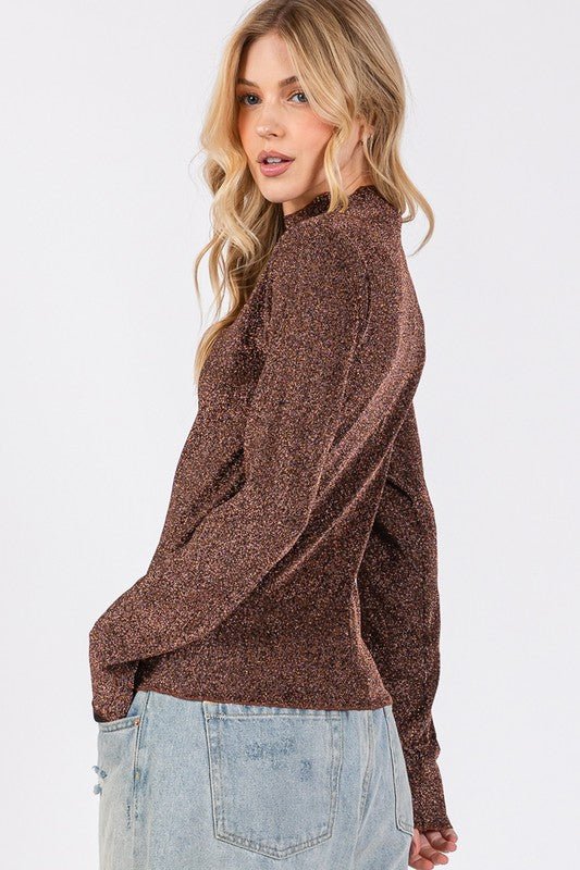 SAGE + FIG Glitter Mock Neck Lettuce Hem Long Sleeve Top - Love Salve