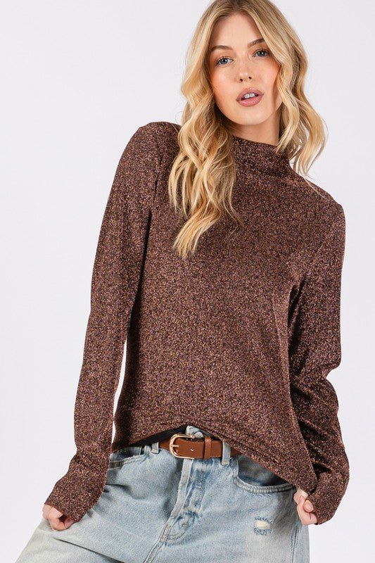 SAGE + FIG Glitter Mock Neck Lettuce Hem Long Sleeve Top - Love Salve