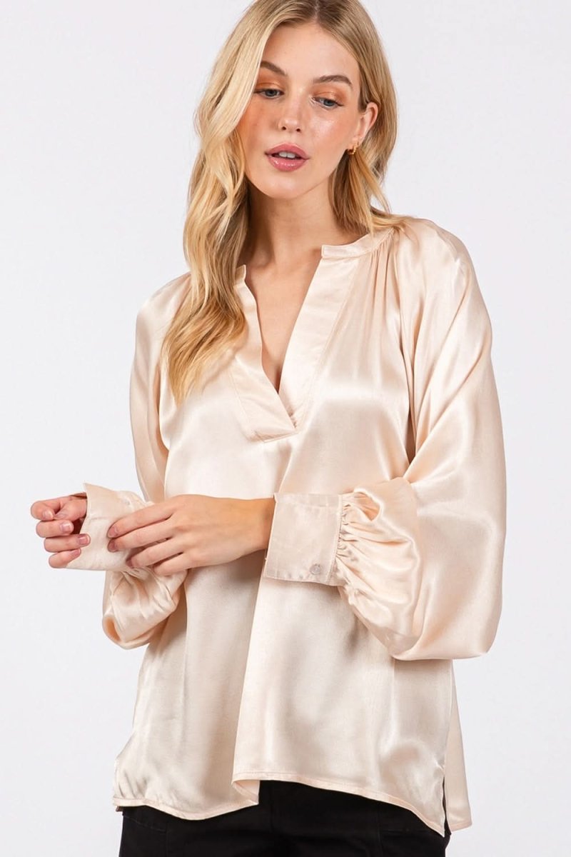 SAGE + FIG Notched Long Sleeve Blouse - Love Salve