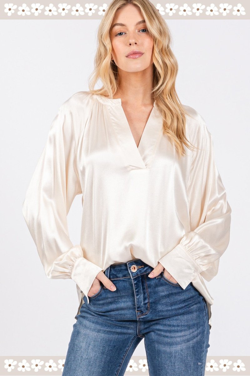 SAGE + FIG Notched Long Sleeve Blouse for Women Stylish Wear - Love Salve