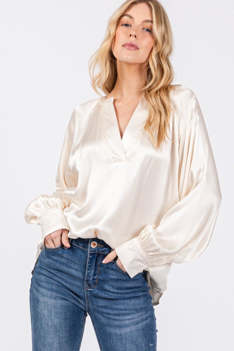 SAGE + FIG Notched Long Sleeve Blouse for Women Stylish Wear - Love Salve