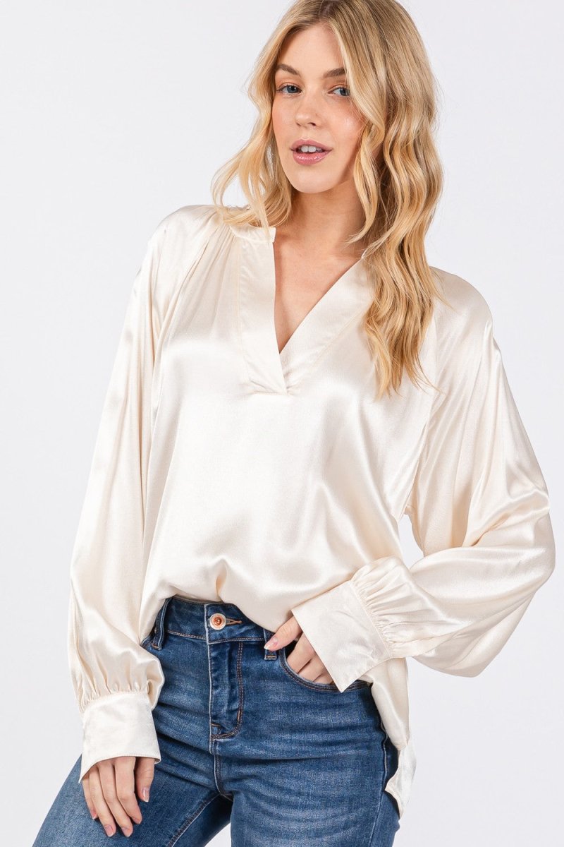 SAGE + FIG Notched Long Sleeve Blouse for Women Stylish Wear - Love Salve