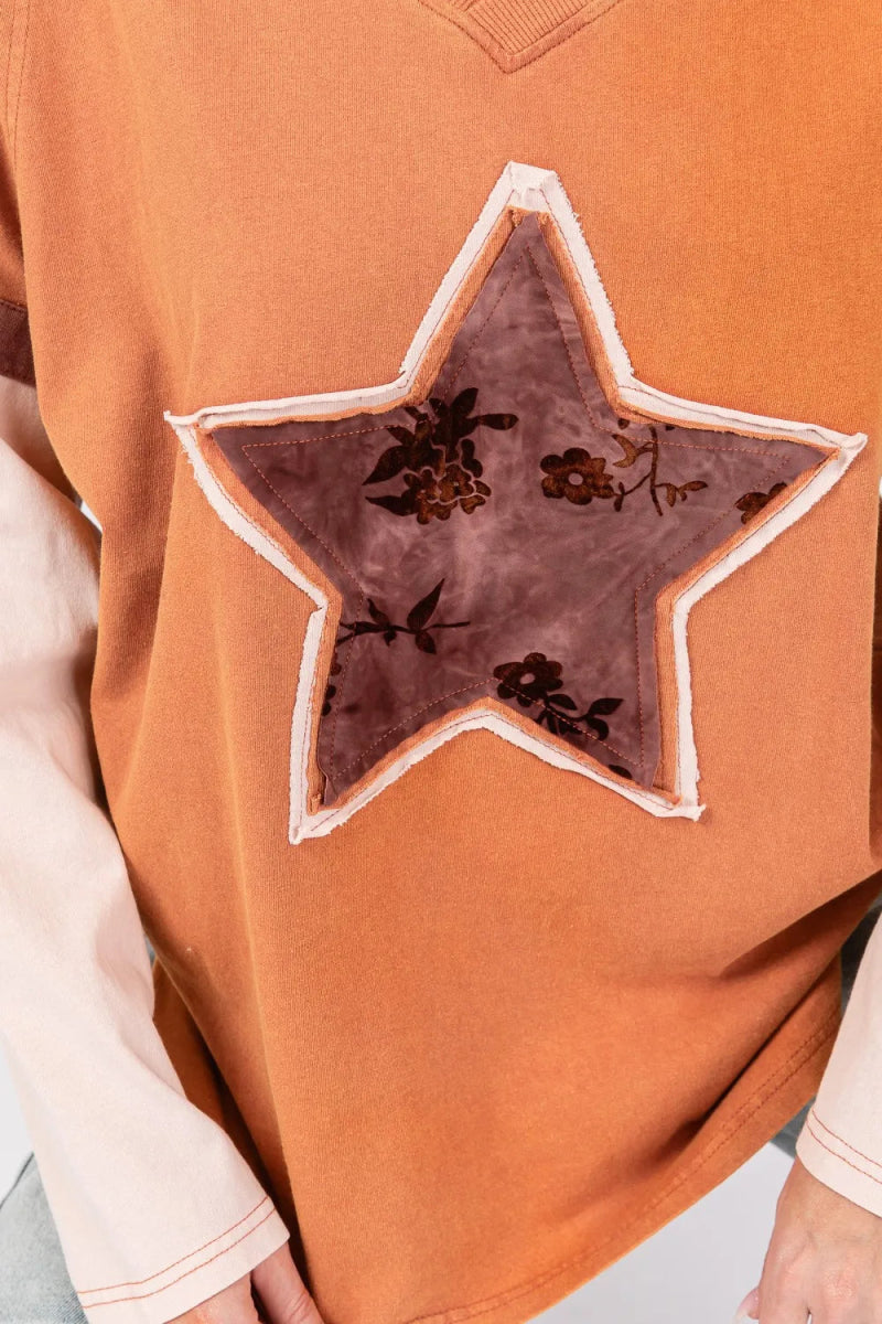 SAGE + FIG Star Patch Long Sleeve Color Block T-Shirt for Women - Love Salve