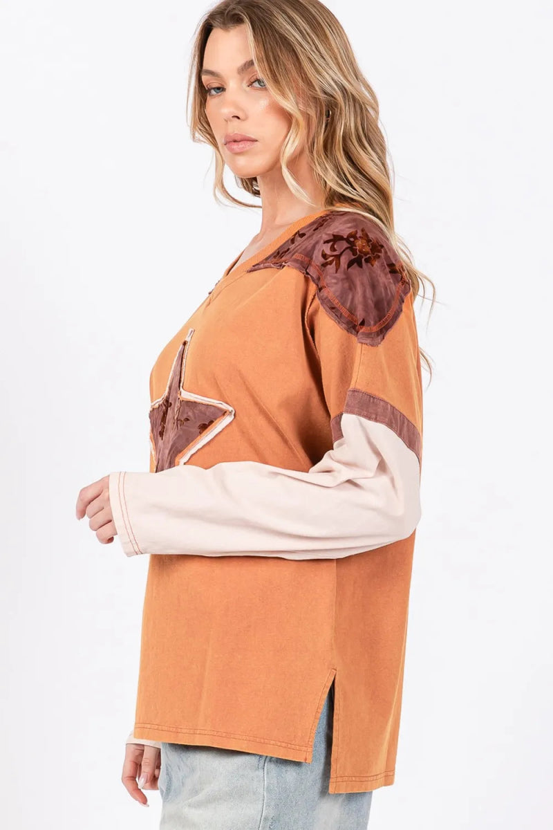 SAGE + FIG Star Patch Long Sleeve Color Block T-Shirt for Women - Love Salve