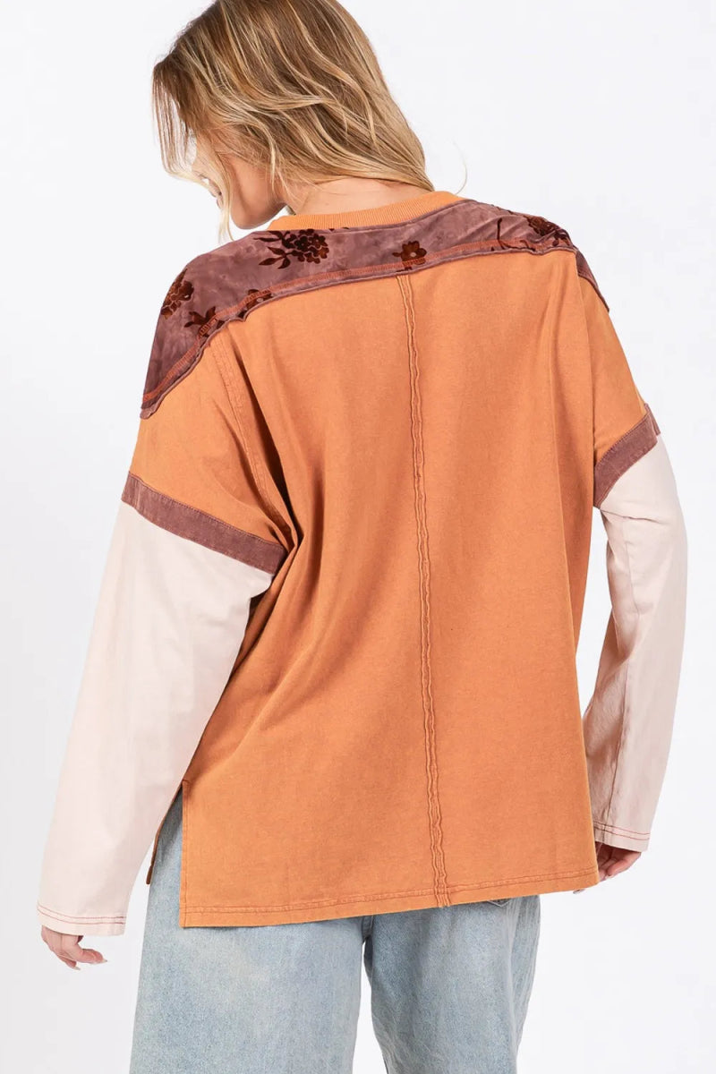 SAGE + FIG Star Patch Long Sleeve Color Block T-Shirt for Women - Love Salve