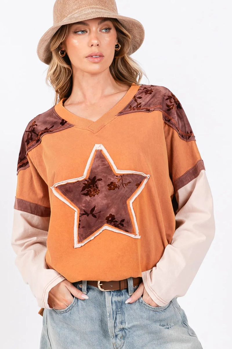 SAGE + FIG Star Patch Long Sleeve Color Block T-Shirt for Women - Love Salve