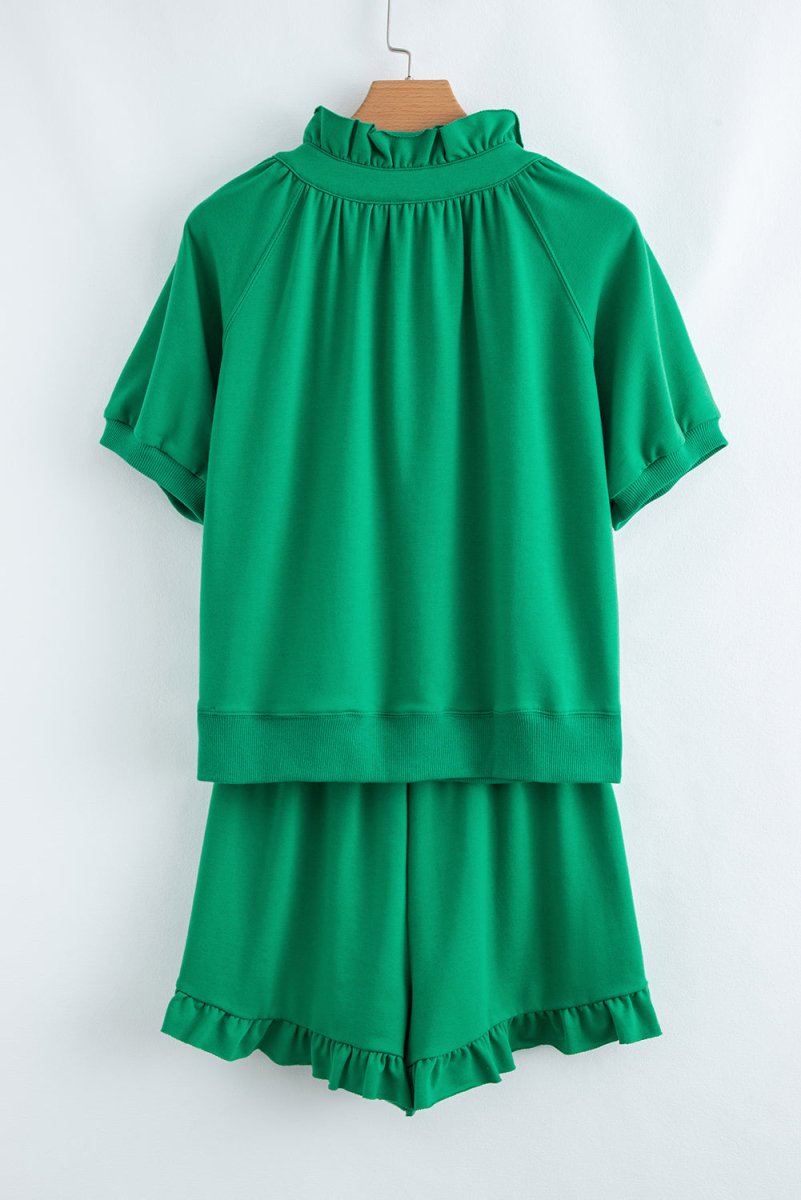 Sea Green Half Zip Puff Sleeve Top and Ruffled Shorts Set - Love Salve