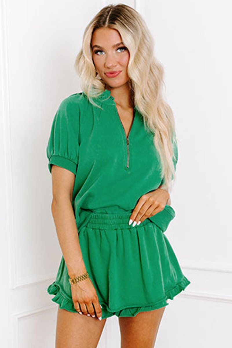 Sea Green Half Zip Puff Sleeve Top and Ruffled Shorts Set - Love Salve