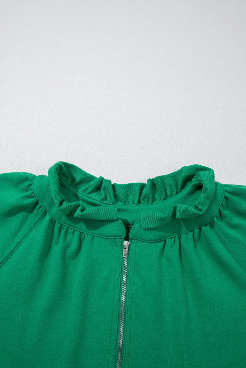 Sea Green Half Zip Puff Sleeve Top and Ruffled Shorts Set - Love Salve