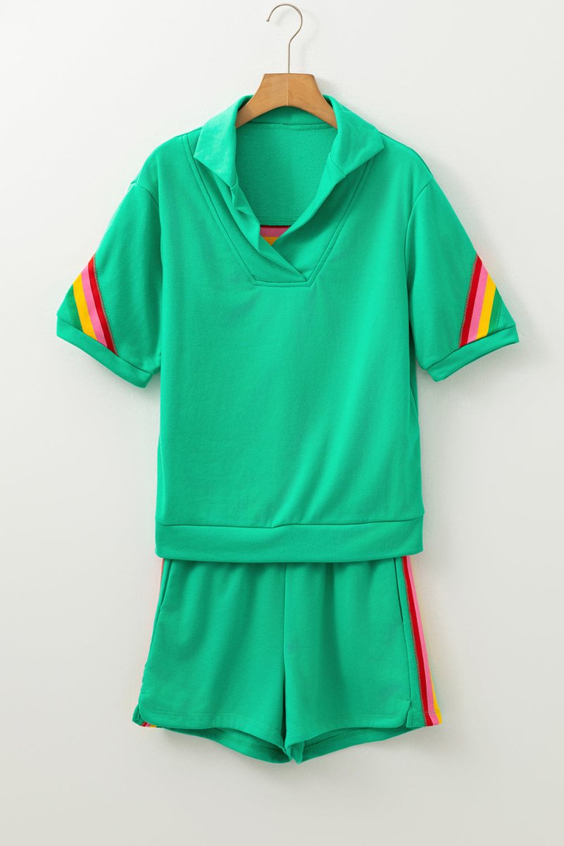 Sea Green Rainbow Colorblock Collared Short Sleeve Top 2 Piece Shorts Set - Love Salve