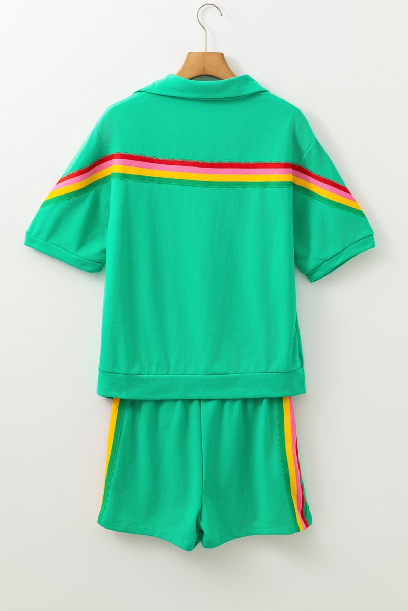 Sea Green Rainbow Colorblock Collared Short Sleeve Top 2 Piece Shorts Set - Love Salve