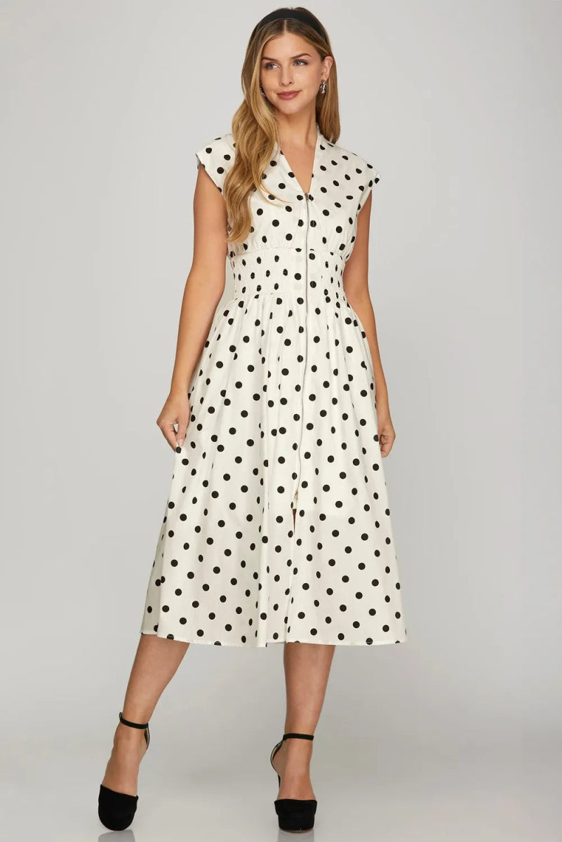 She + Sky Front Zip Polka Dots Cap Sleeve Midi Dress - Love Salve