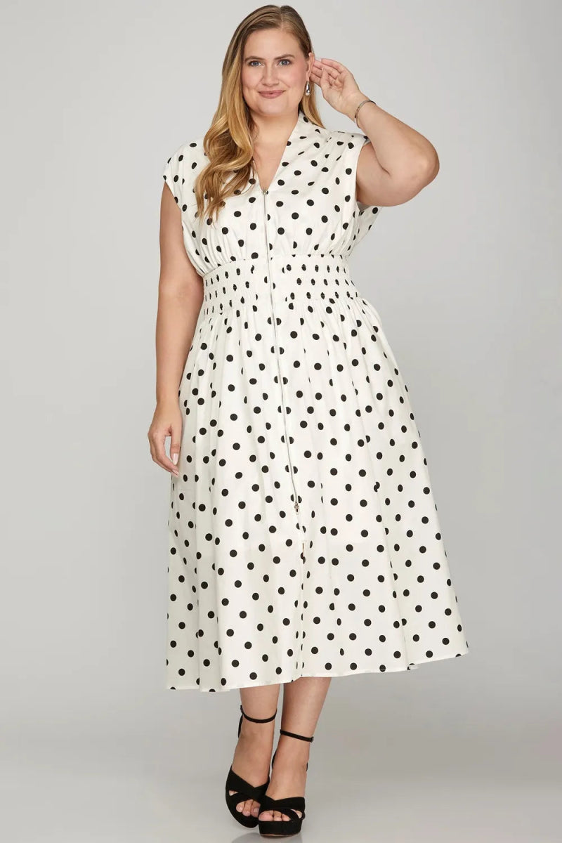 She + Sky Front Zip Polka Dots Cap Sleeve Midi Dress - Love Salve