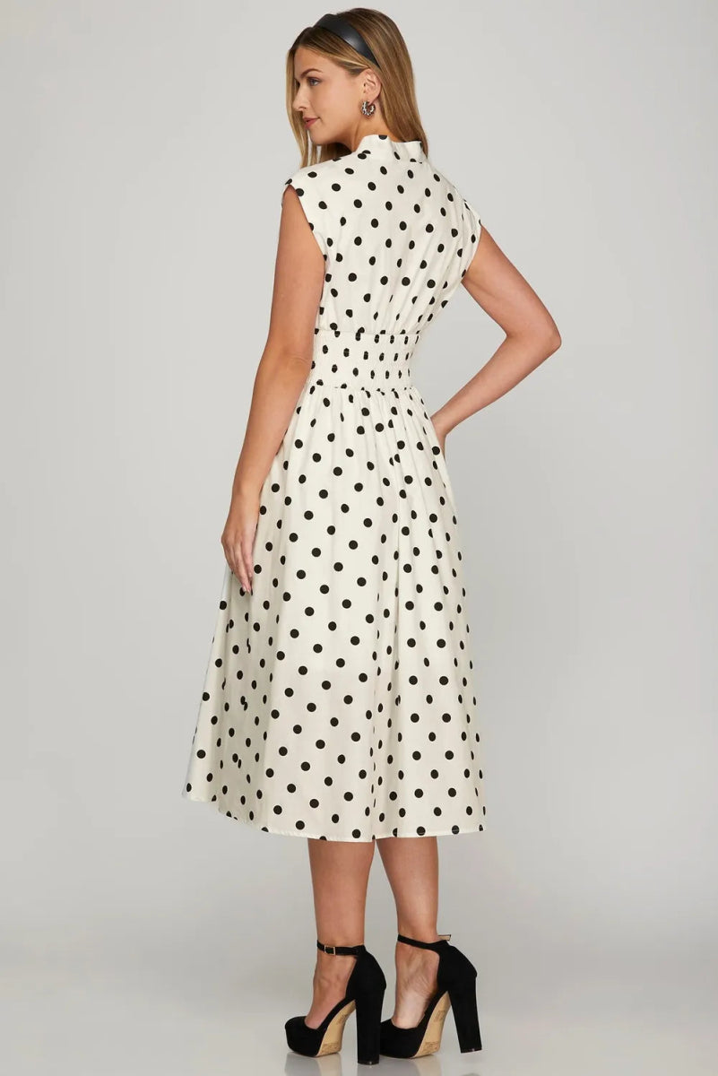 She + Sky Front Zip Polka Dots Cap Sleeve Midi Dress - Love Salve