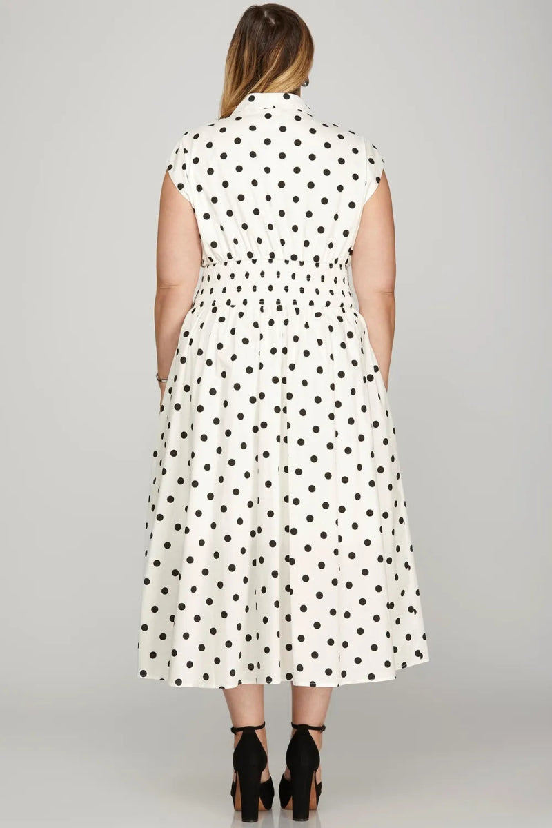 She + Sky Front Zip Polka Dots Cap Sleeve Midi Dress - Love Salve
