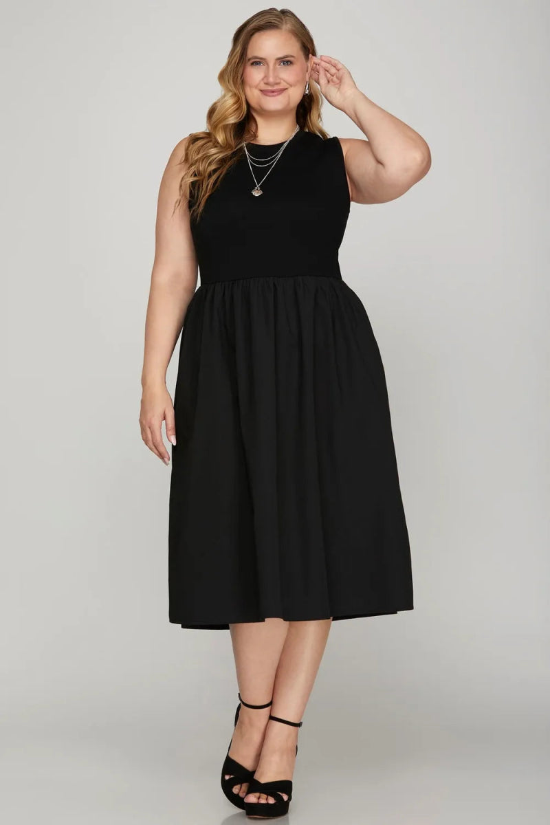 She + Sky Full Size Sleeveless Poplin Woven Midi Dress Plus Size - Love Salve