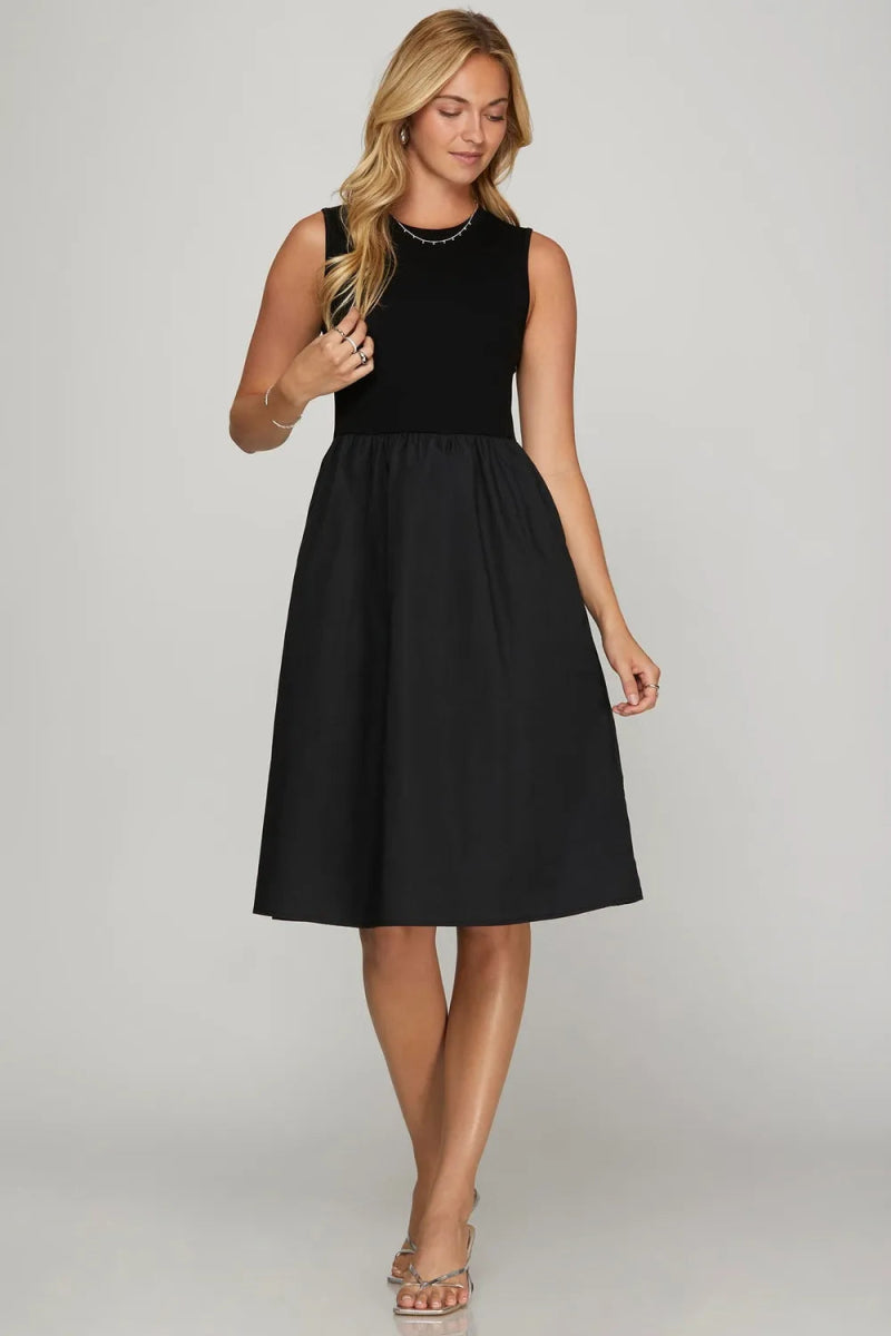 She + Sky Full Size Sleeveless Poplin Woven Midi Dress Plus Size - Love Salve
