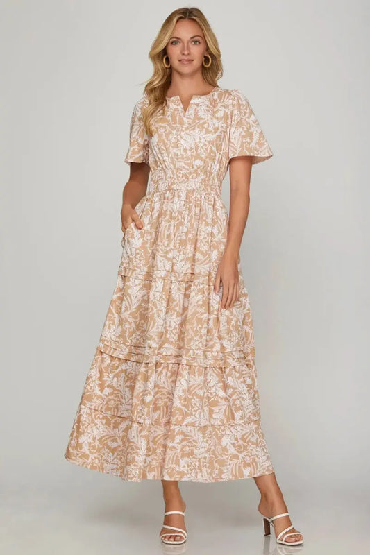She + Sky Printed Notched Woven Tiered Pintuck Maxi Dress - Love Salve