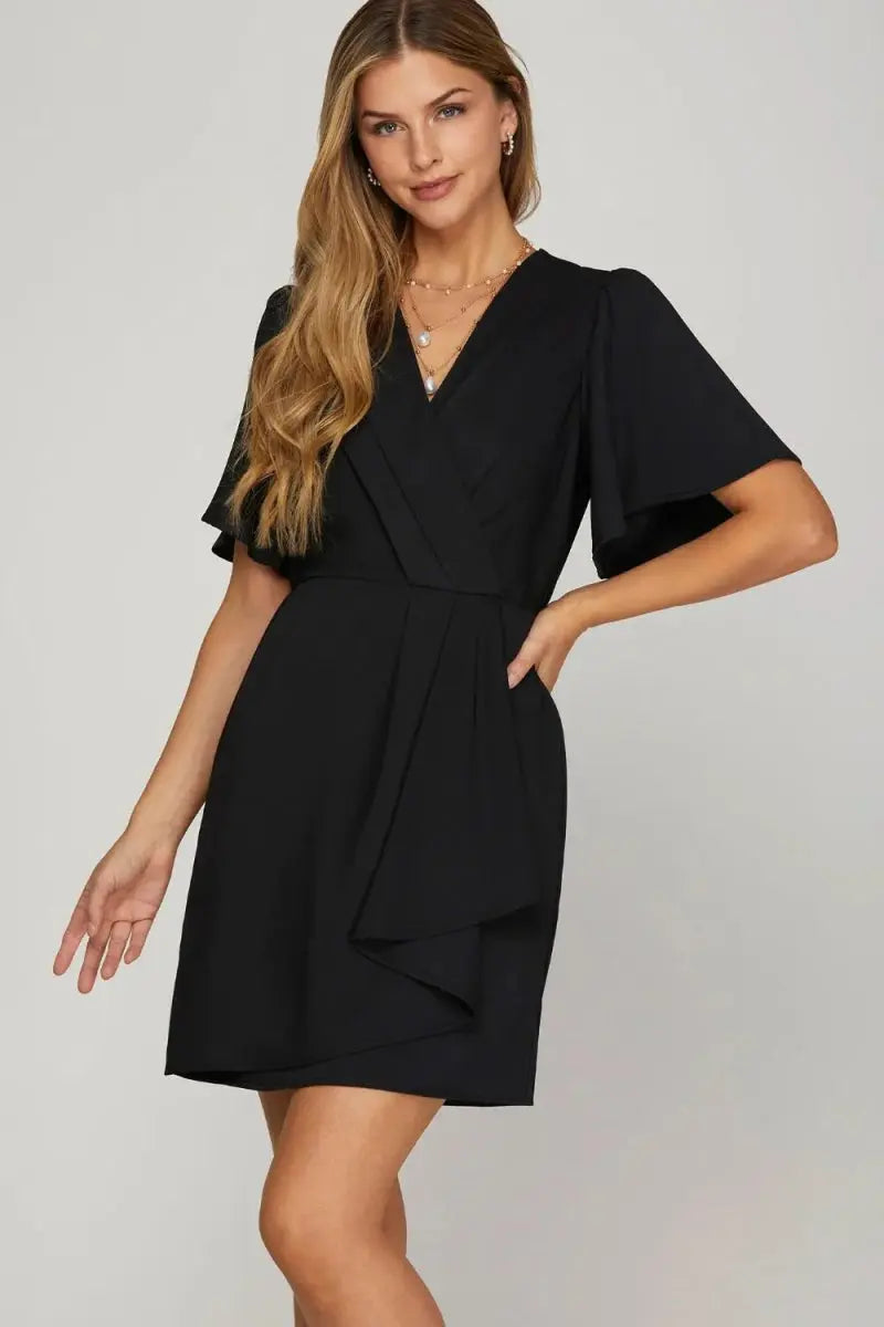 She + Sky Ruffled Surplice Short Flutter Sleeve Mini Dress - Love Salve