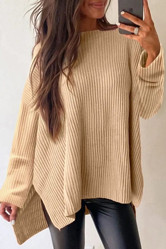 Side Slit Round Neck Long Sleeve Sweater - Love Salve