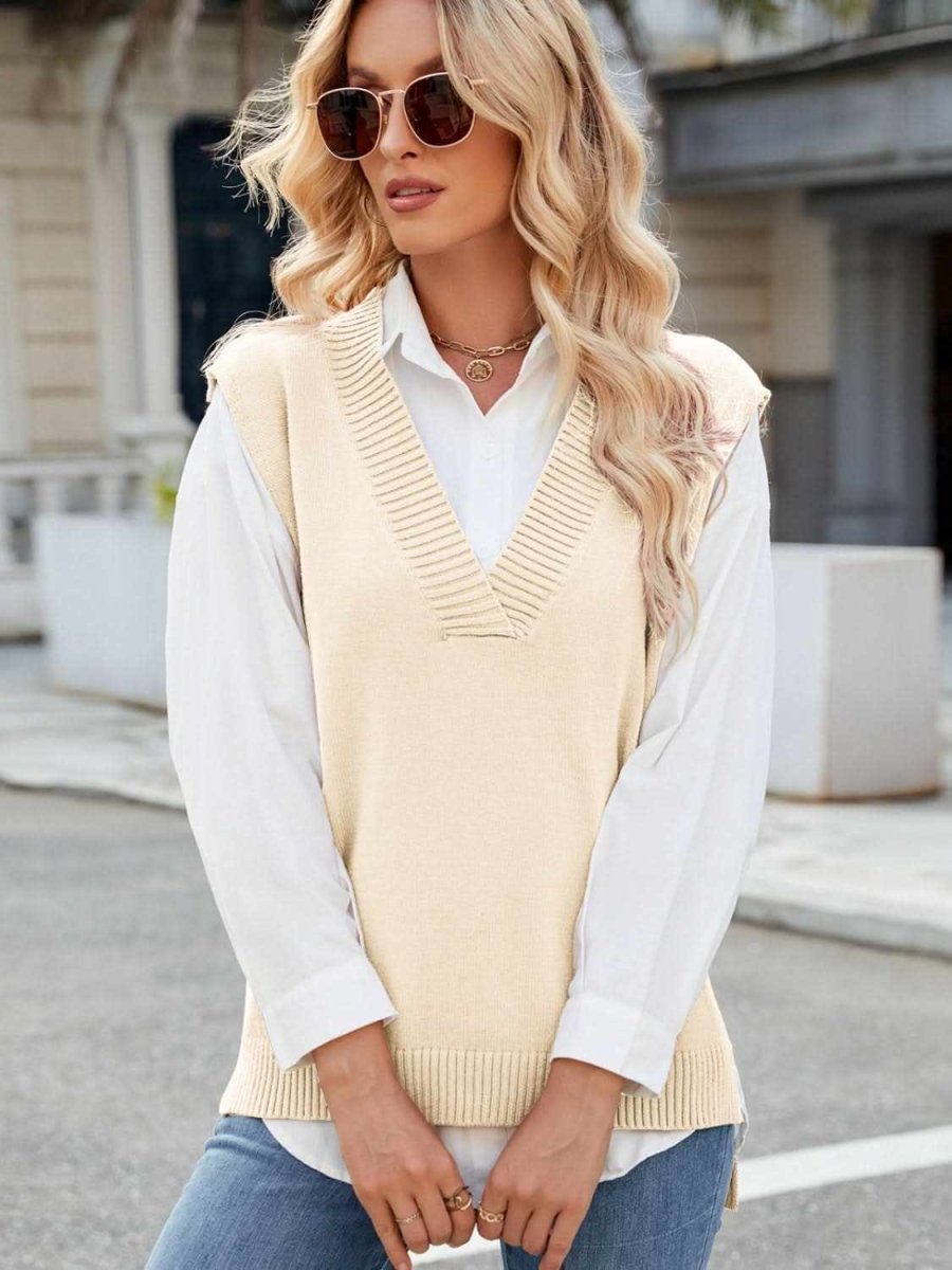 Side Slit V-Neck Sweater Vest - Love Salve