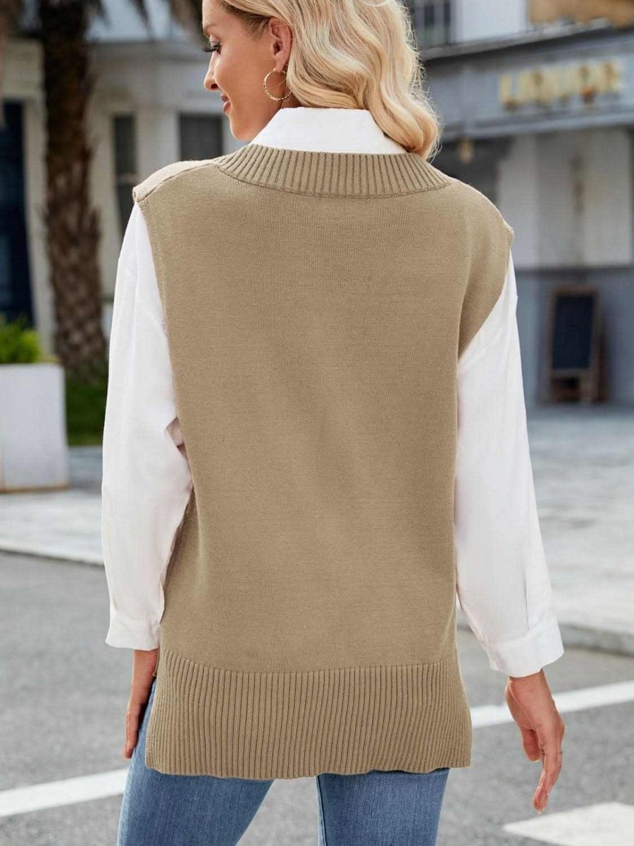 Side Slit V-Neck Sweater Vest - Love Salve