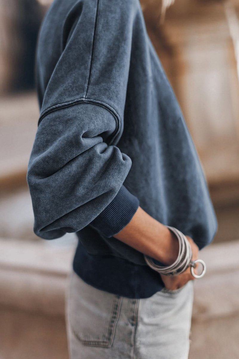 Sky Blue Drop Shoulder Crew Neck Pullover Sweatshirt - Love Salve