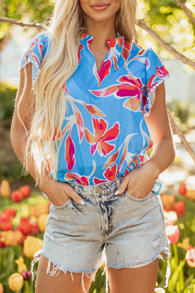 Sky Blue Floral Print V Neck Pompom Trim Flutter Sleeve Blouse - Love Salve