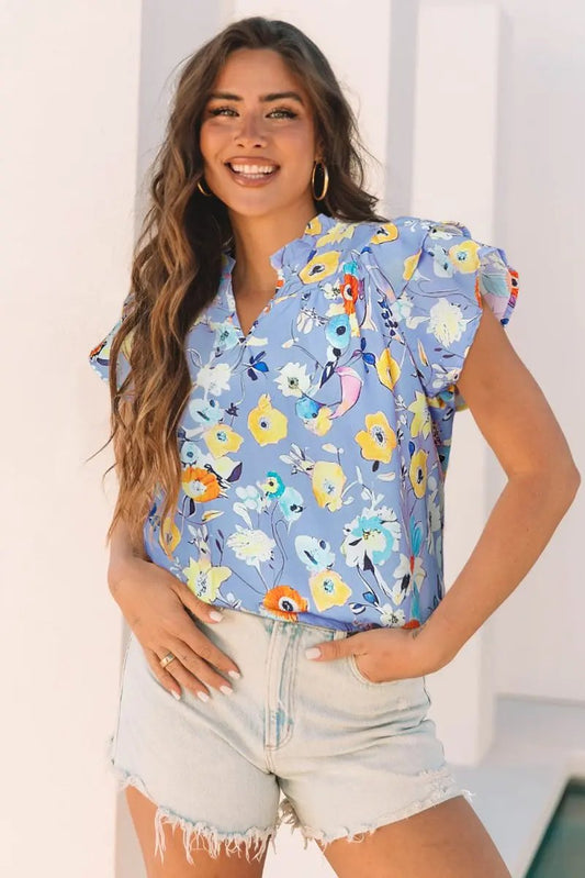 Sky Blue Flutter Sleeve V Neck Floral Top for Women - Love Salve
