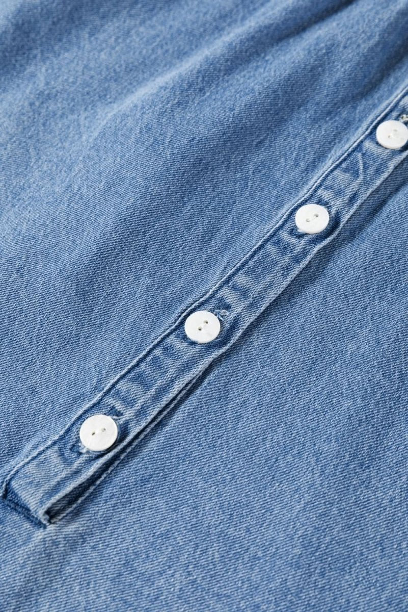 Sky Blue Frilled Raw Hem Half Buttoned Denim Top - Love Salve