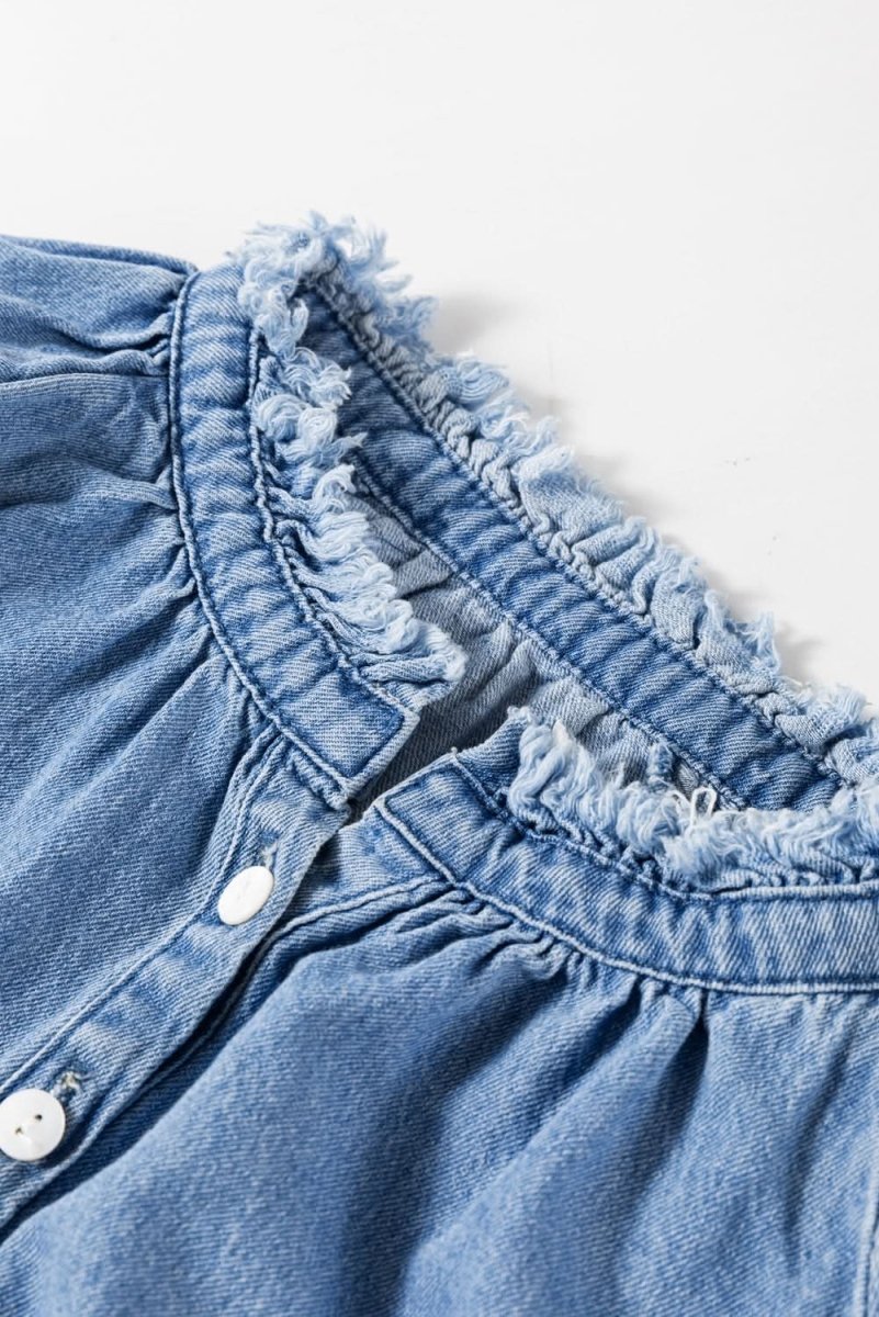 Sky Blue Frilled Raw Hem Half Buttoned Denim Top - Love Salve