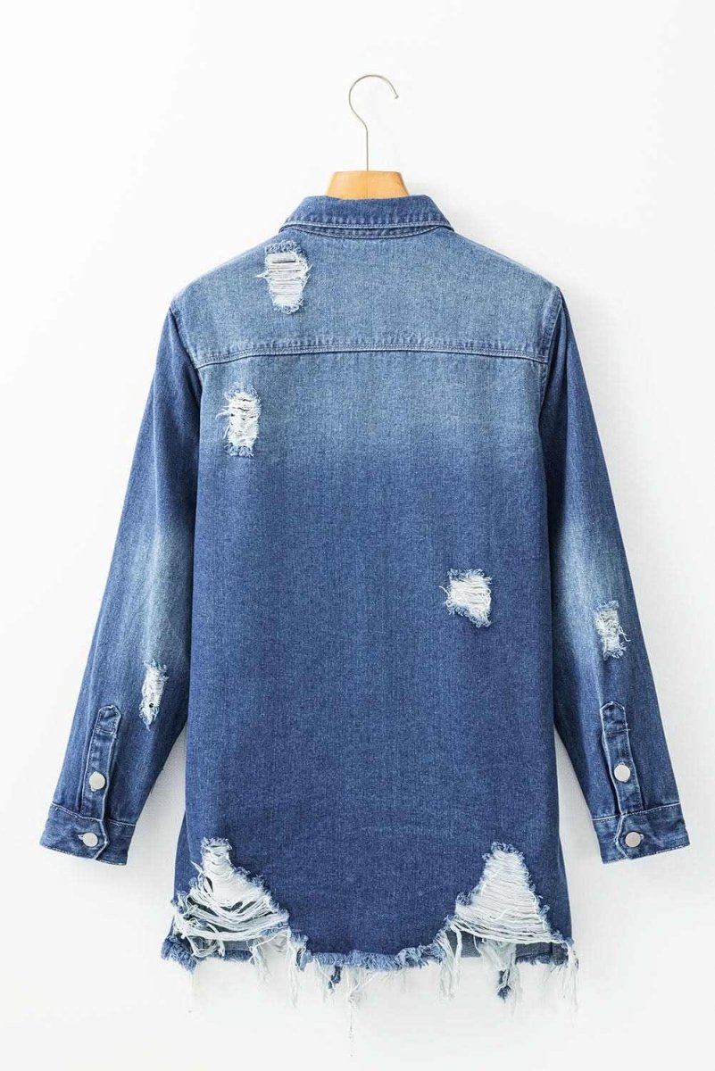 Sky Blue Light Wash Distressed Frayed Long Denim Jacket - Love Salve