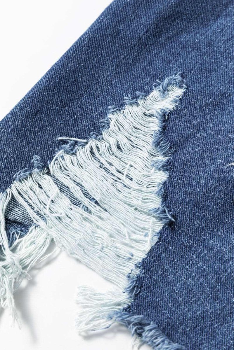 Sky Blue Light Wash Distressed Frayed Long Denim Jacket - Love Salve