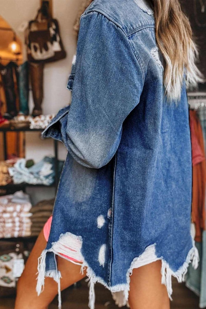 Sky Blue Light Wash Distressed Frayed Long Denim Jacket - Love Salve