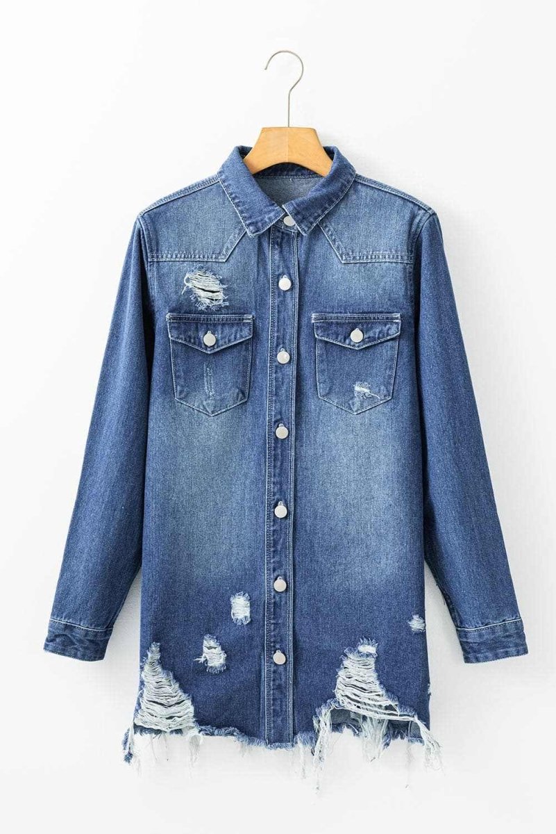 Sky Blue Light Wash Distressed Frayed Long Denim Jacket - Love Salve