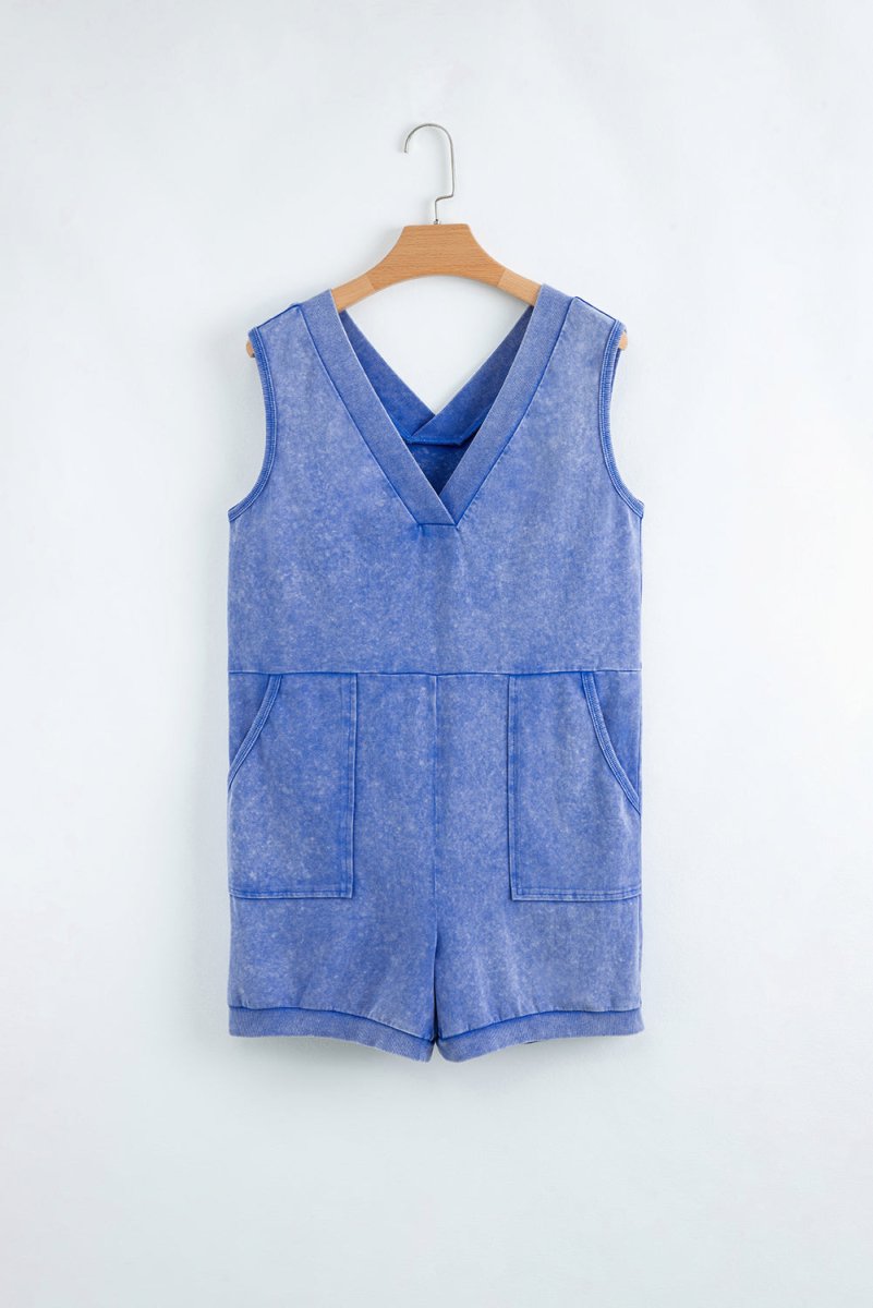 Sky Blue Mineral Wash Pocketed Sleeveless V Neck Loose Romper - Love Salve