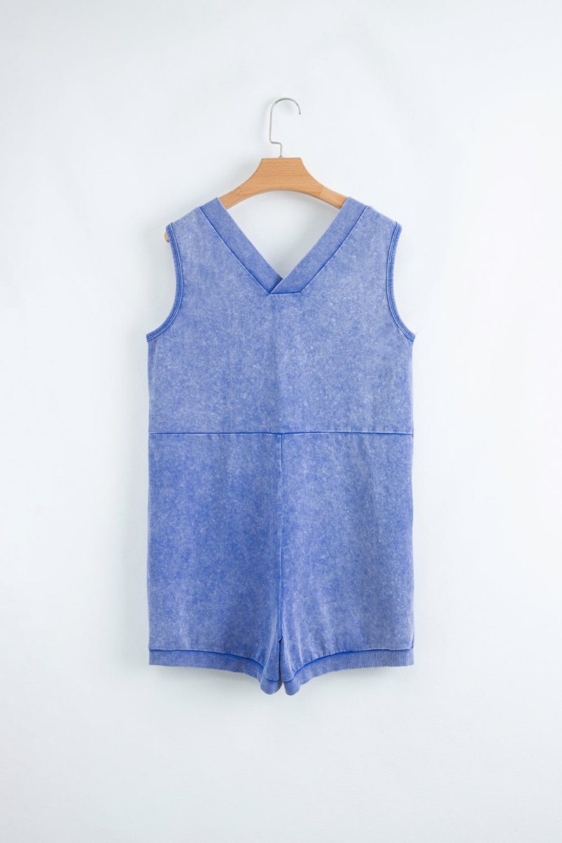 Sky Blue Mineral Wash Pocketed Sleeveless V Neck Loose Romper - Love Salve