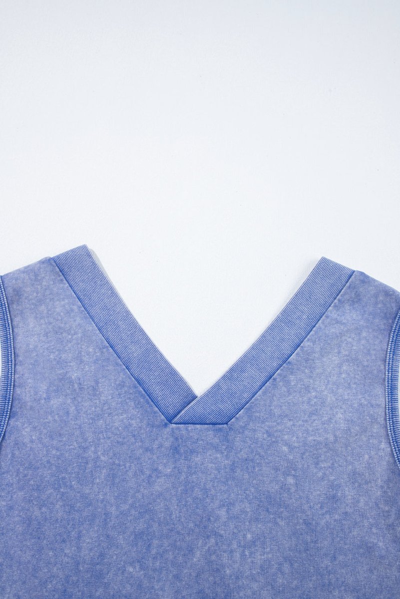 Sky Blue Mineral Wash Pocketed Sleeveless V Neck Loose Romper - Love Salve