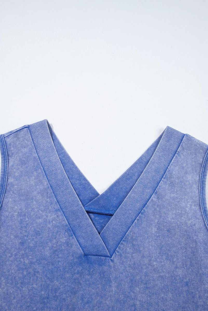Sky Blue Mineral Wash Pocketed Sleeveless V Neck Loose Romper - Love Salve