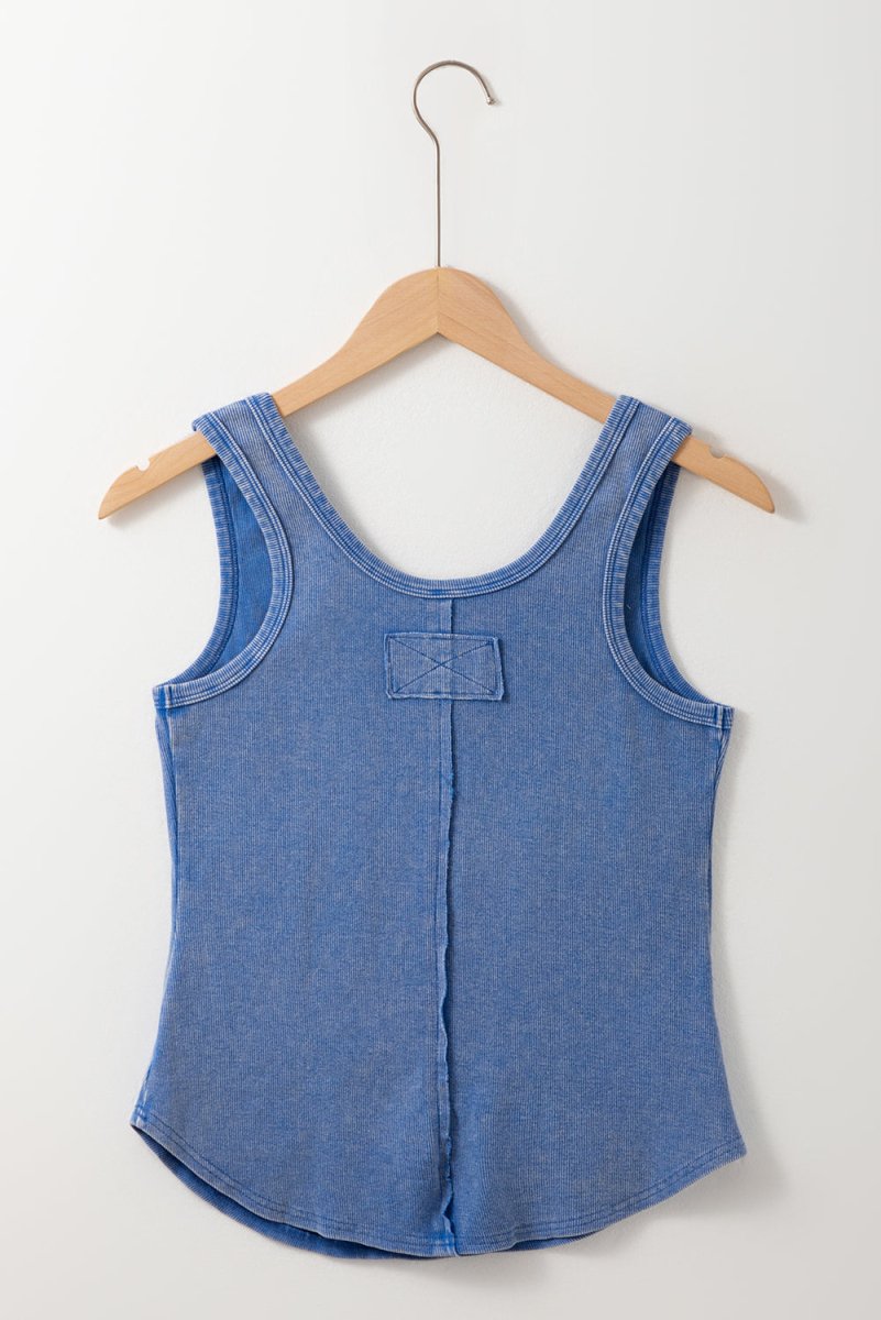 Sky Blue Mineral Wash Ribbed Notch Neck Tank Top for Women - Love Salve